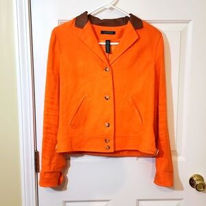 Ralph Lauren Linen Lined Jacket Carrot Orange Leather Collar Size 10
